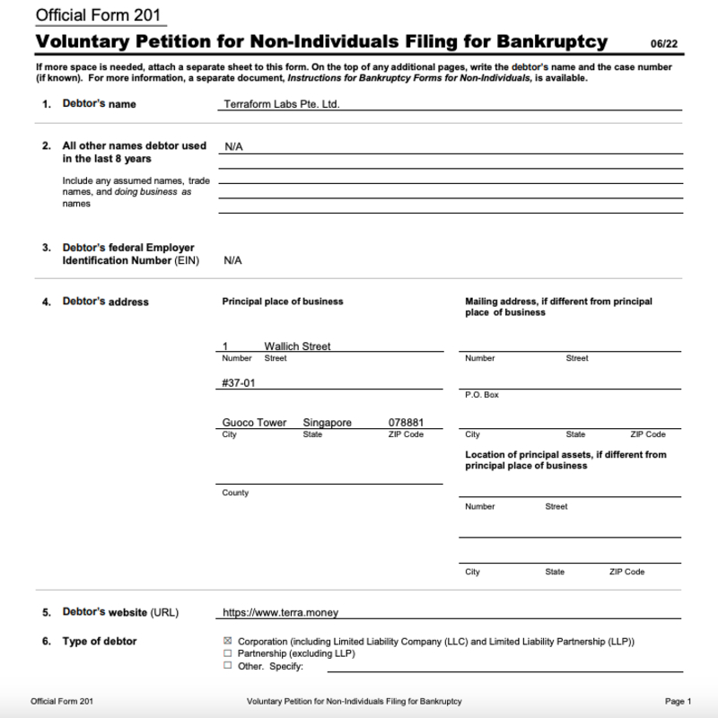 Terraform Labs de Kwon se declaró en quiebra el 21 de enero. / CourtListener